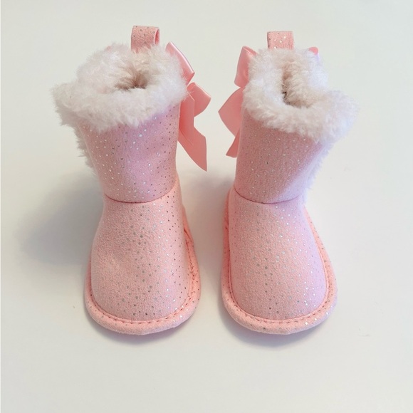 NWOT First Steps Pink Glitter Boots w/Faux Fur & Bow accents Baby Girl 3-6 MTHS - Picture 2 of 8